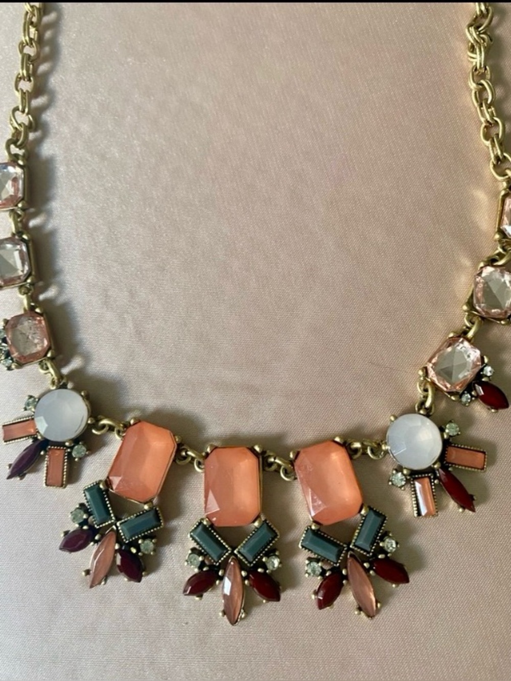 LOFT Statement Bib Necklace Coral Pink Green Crystal Gold Tone